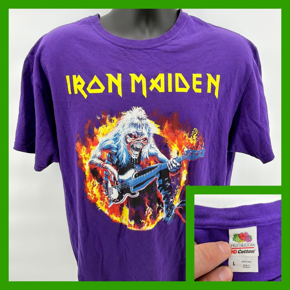 Iron Maiden Eddie Bass Guitar‎ Player Purple Graphic T-Shirt Men's Large L Fruit